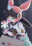  1girl @_@ aqua_streaks aria_(human)_(zenless_zone_zero) aria_(robot)_(zenless_zone_zero) aria_(zenless_zone_zero) belle_(zenless_zone_zero) black_sclera blue_eyes blush bow colored_sclera commentary dress embarrassed green_bow heart highres hologram humanoid_robot joints letter multicolored_hair nirrors open_mouth pink_hair robot robot_girl robot_joints streaked_hair white_dress white_wings wings zenless_zone_zero 