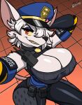 anthro belt belt_buckle belt_pouch breasts buckle car chisheq clothing ears_up eyebrows female fur hair looking_at_viewer mammal murid murine officer_flint_(foresttherotten) police police_badge police_car police_hat police_officer police_uniform police_vehicle rat red_eyes rodent smile smiling_at_viewer solo teeth teeth_showing uniform vehicle white_body white_fur white_hair 