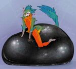  2026 alexian animal_noises anthro balloon blue_body blue_feathers blush chirping digital_drawing_(artwork) digital_media_(artwork) dinosaur dromaeosaurid eyes_closed feathered_crest feathered_tail feathers green_body green_feathers grey_body grinding head_crest heart_(marking) hi_res humping inflatable kneeling latex liquid_latex male markings moan onomatopoeia open_mouth prehistoric_species red_body red_feathers reptile saurischian scalie slime solo sound_effects tail text theropod underrituals yellow_body yellow_feathers 