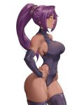  1girl absurdres black_leotard black_sleeves black_thighhighs bleach breasts commentary covered_navel cowboy_shot dark-skinned_female dark_skin detached_sleeves facing_ahead from_side hands_on_own_hips high_ponytail highleg highleg_leotard highres leotard long_hair looking_at_viewer lucasaobari ponytail purple_hair shihouin_yoruichi sideboob sideways_glance simple_background skindentation smile solo thick_thighs thighhighs thighs turtleneck turtleneck_leotard white_background yellow_eyes 