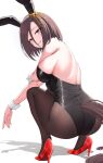  1girl air_groove_(umamusume) animal_ears armpit_crease ass back bare_back black_leotard black_pantyhose blue_eyes blush bow breasts brown_hair brown_tail commentary_request commission ear_bow ear_covers ear_ornament fake_animal_ears from_behind hair_between_eyes high_heels highres horse_ears horse_girl horse_tail large_breasts leotard looking_at_viewer looking_back pantyhose pantyhose_under_leotard rabbit_ears red_shoes shoes short_hair sideboob skeb_commission smile solo squatting strapless strapless_leotard tail tail_through_clothes take978733141 umamusume white_wrist_cuffs wrist_cuffs yellow_bow 