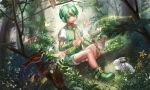  1boy bird bug bunny butterfly commentary forest glowing green_eyes green_footwear green_hair green_shorts green_vest headphones index_finger_raised insect log male_focus musical_note nature necktie outdoors ryuuto_(vocaloid) shoes short_sleeves shorts sitting_on_log sparrow striped striped_neckwear vest vocaloid yamakawa_umi 