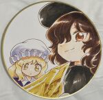  2girls :o black_capelet black_hair brown_eyes capelet collared_dress commentary_request dress hair_over_one_eye hat highres long_hair maribel_hearn medium_hair mob_cap multiple_girls photo_(medium) purple_dress shikishi smile touhou traditional_media umebitan upper_body usami_renko white_background white_hat yellow_eyes 