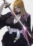  1girl absurdres artist_name black_kimono bleach blood blood_on_weapon blue_eyes breasts cleavage commentary glint highres holding holding_sword holding_weapon japanese_clothes katana kimono large_breasts long_hair looking_at_viewer matsumoto_rangiku mole mole_under_mouth orange_hair parted_lips patreon_username pink_shawl sash shawl shihakusho shinigami solo sword twitter_username weapon web_address white_sash xuuikie_ashe 