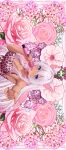  1girl absurdres animal_ears blue_eyes breasts character_request cleavage collarbone commentary commission copyright_request english_commentary flower highres holding holding_microphone long_hair microphone open_mouth pink_flower pink_nails pink_rose purple_flower rose shizuka_project sideways tan teeth upper_body upper_teeth_only vgen_commission white_hair 