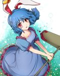  1girl ambiguous_red_liquid animal_ears bangs blue_dress blue_hair blue_skirt blush bunny_ears dress ear_clip eyebrows_visible_through_hair floating_hair floppy_ears frilled_dress frills from_above legacy_of_lunatic_kingdom makotono_(makotono_00) mallet open_mouth red_eyes seiran_(touhou) skirt solo touhou 