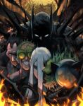  1girl 39daph absolute_batman absolute_dc absurdres animal_ear_helmet animal_helmet back_spikes bat_mask batman batman_(absolute_dc) bodysuit cat_helmet catwoman_(absolute_dc) contrast dc_comics grey_bodysuit highres killer_croc killer_croc_(absolute_dc) multicolored_suit multiple_boys reflective_mask the_riddler_(absolute_dc) two-face two-face_(absolute_dc) two-tone_suit 