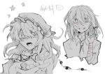  2girls bandaid bandaid_on_face bandaid_on_neck bow collared_dress collared_shirt commentary crescent dated_commentary disembodied_eye dress frilled_shirt_collar frills grin hair_between_eyes hair_bow hat highres long_hair maribel_hearn medium_hair missing_headwear mob_cap multiple_girls neck_ribbon necktie open_mouth oriharareimu partially_colored ribbon scar scar_on_arm scar_on_face self-harm_scar shirt sleeves_rolled_up smile star_(symbol) touhou translation_request usami_renko v white_background 