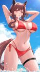  1girl animal_ears arms_behind_head arms_up bikini blue_sky blush braid braided_hair_rings breasts brown_hair brown_tail cloud cloudy_sky commentary_request commission day ear_covers gentildonna_(umamusume) hair_between_eyes hair_rings heart_ear_ornament highres horizon horse_ears horse_girl horse_tail kneeling large_breasts long_hair looking_at_viewer multi-strapped_bikini_bottom ocean outdoors red_bikini red_eyes shallow_water side-tie_bikini_bottom sidelocks skeb_commission skindentation sky smile solo sunlight swimsuit tail take978733141 thick_thighs thigh_strap thighs umamusume water 