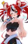  1girl :o ;o absurdres animal_ear_fluff animal_ears aqua_bow aqua_eyes bare_shoulders black_hair blush bow breasts cleavage commentary_request dice_hair_ornament eyelashes fang foreshortening hair_between_eyes hair_intakes hair_ornament hair_ribbon hakos_baelz highres holding holding_microphone hololive hololive_english long_hair microphone midriff mixed-language_commentary mouse_ears mouse_girl mouse_tail multicolored_hair navel one_eye_closed open_mouth pointing pointing_at_viewer red_hair ribbon simple_background skin_fang solo tail tail_bow tail_ornament twintails uduki2025 virtual_youtuber white_background white_hair white_ribbon 