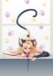  1girl animal_ears asymmetrical_clothes asymmetrical_sleeves bikini blonde_hair breast_press cat_ears cat_tail commentary commentary_request earrings ereshkigal_(fate/grand_order) fate/grand_order fate_(series) happymonk highres jewelry long_hair open_mouth paw_pose paws red_eyes side-tie_bikini single_thighhigh swimsuit tail thighhighs top-down_bottom-up very_long_hair 