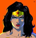  1girl artist_logo artist_name bare_shoulders black_hair close-up closed_mouth cropped_shoulders dc_comics diana_prince earrings gold_tiara green_eyes headshot highres jewelry logo long_hair looking_at_viewer muscular muscular_female orange_background portrait raynerahman simple_background solo star_(symbol) straight-on superhero_costume wonder_woman wonder_woman_(series) 