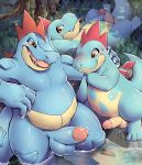  2020 anthro balls blush bodily_fluids claws croconaw detailed_background erection feraligatr genital_fluids genitals glans group hi_res holding_penis humanoid_genitalia humanoid_penis looking_at_another looking_at_penis male nintendo penis pok&eacute;mon pok&eacute;mon_(species) precum reptile scalie sharp_teeth smile teeth tongue tongue_out video_games water zi_ran 