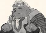  5_fingers anthro bandage barghest_(tas) barguest_(tas) blush clothing cross cross_necklace eyes_closed fingers fur gesture hair hi_res jewelry male mammal monochrome necklace raised_index_finger ring sawch_cls scar shackles simple_background solo striped_shirt tokyo_afterschool_summoners topwear ursid vest video_games 