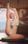 1girl 3d absurdres architecture arm_up blue_eyes blurry breasts cameltoe cherry_blossoms closed_mouth commentary covered_navel depth_of_field east_asian_architecture english_commentary flag_nails french_flag fugtrup head_tilt highres indoors large_breasts looking_at_viewer manon_legrand mountain nail_polish navel pink_hair protected_link see-through_clothes short_hair solo street_fighter stretching toenail_polish toenails toned toned_female tree 