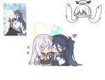  angel_wings aqua_halo aris_(blue_archive) ayanoburuaka azusa_(blue_archive) black_hair blue_archive blue_necktie blush closed_mouth crescent_halo crossed_bangs feathered_wings flower hair_between_eyes hair_flower hair_ornament hairband halo hifumi_(blue_archive) highres jacket long_hair long_hair_between_eyes long_sleeves low_wings multiple_girls necktie one_side_up open_mouth purple_eyes purple_flower rectangular_halo reference_inset shirt simple_background skirt smile very_long_hair white_background white_hair white_wings wing_ornament winged_halo wings yellow_halo 