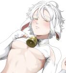  1boy animal_ear_piercing areola_slip bell blush colored_eyelashes commentary_request covered_nipples expressionless furrowed_brow goat_boy hands_up highres horizontal_pupils looking_at_viewer m1_tsuru male_focus midriff neck_bell original protected_link short_hair shrug_(clothing) simple_background single_sleeve_past_wrist solo thick_eyebrows upper_body white_background white_hair white_shrug 