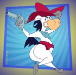  abstract_background alternate_version_at_paywall anthro belt big_butt black_hair butt clothing cowboy cowboy_hat digital_drawing_(artwork) digital_media_(artwork) equid equine fur gavanzude gun gun_spinning hair half-closed_eyes handgun hanna-barbera hat headgear headwear hi_res holster horse looking_back male mammal narrowed_eyes pear-shaped_figure pistol quick_draw_mcgraw ranged_weapon scarf signature smug solo spurs the_quick_draw_mcgraw_show tipping_hat walking weapon white_body white_fur wide_hips 