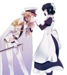  2girls alternate_costume androgynous apron black_hair blush cape closed_eyes enmaided from_side gloves gloves_removed green_eyes hair_ribbon hand_kiss hat holding_gloves kiss kohinata_miku maid maid_apron military military_uniform multiple_girls parted_lips rhapsode ribbon senki_zesshou_symphogear short_hair single_glove sweatdrop tachibana_hibiki_(symphogear) uniform white_background white_cape white_gloves white_ribbon yuri 