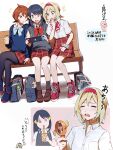  3girls absurdres akari_(pokemon) arceus arezu_(pokemon) bench black_hair blonde_hair blue_boots blue_eyes blue_sweater blush boots brown_hair brown_shoes bubble_tea collared_shirt commentary_request contemporary cowlick cup drinking electric_fan eyelashes full_body glaceon grey_eyes hair_ornament hairband hairclip hamachamu hand_up handheld_electric_fan handheld_game_console highres holding holding_cup holding_handheld_game_console hot irida_(pokemon) long_hair multiple_girls nintendo_switch notice_lines open_mouth pantyhose petilil pokemon pokemon_legends:_arceus red_hairband red_shoes ribbed_socks rotom rotom_(fan) school_uniform scrunchie shirt shoes short_hair short_sleeves sidelocks sitting skirt sneakers socks sweat sweater sweater_vest translation_request white_shirt wrist_scrunchie 