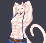  2020 abs anthro belt belt_buckle black_background bobaocto bottomwear clothing domestic_cat epic_games felid feline felis fortnite fur hands_behind_head hi_res jeans male mammal meowscles_(fortnite) muscular muscular_male pants pose signature simple_background solo sparkles video_games white_body white_fur 