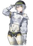  1girl android baseball_cap black_panties bow commentary_request dushevnaya_(girls'_frontline_2) girls'_frontline girls'_frontline_2:_exilium gradient_eyes green_bow green_eyes grey_hair hat highres jacket joints ksvk_(girls'_frontline) looking_at_viewer mechabare mechanical_arms mechanical_legs multicolored_eyes panties ringobatake robot_joints shirt underwear white_jacket white_shirt 