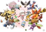  1girl :3 absurdres apple_hair_ornament beanie bibarel bird black_sclera blue_eyes blush boots brown_hair brown_shirt buck_teeth carnivine chibi chimchar chingling claws clenched_hands closed_mouth colored_sclera combee commentary_request cosplay dawn_(pokemon) dawn_(pokemon)_(cosplay) dive_ball drop_shadow dusk_ball electivire fang fangs fire food-themed_hair_ornament gabite gastrodon gastrodon_(west) glassy0302 great_ball grey_eyes hair_ornament hat heal_ball highres kuraishi_ringo_(glassy0302) luxury_ball magmortar medium_hair mismagius open_mouth original outline pachirisu pink_boots pink_skirt piplup poke_ball poke_ball_(basic) pokemon pokemon_(creature) pokemon_brilliant_diamond_and_shining_pearl premier_ball red_eyes red_scarf riolu rotom rotom_(normal) scarf shinx shirt signature skirt spiritomb starly teeth turtwig ultra_ball white_hat white_outline yellow_eyes yellow_pupils yellow_sclera 