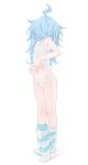 1girl ahoge armpits blue_hair breasts clothes_lift covered_nipples facing_away from_side full_body highres hololive k-go messy_hair mizumiya_su multicolored_hair panties petite shirt_lift small_breasts socks solo streaked_hair striped_clothes striped_socks tiptoes underwear white_background white_panties 