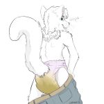  1:1 anthro arctic_fox artie biped canid canine clothed clothing coren_(artist) dialogue diaper digital_media_(artwork) english_text eyebrows fangs feces fox fur hi_res looking_back male mammal messy_diaper open_mouth pants_down partially_clothed raised_tail rear_view scat simple_background soiling solo standing teeth text tongue tongue_out topless whiskers white_background white_body white_fur 