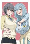  2girls bang_dream! bang_dream!_it's_mygo!!!!! blue_hair blue_nails blue_shirt blush border braid breasts cardigan cardigan_around_waist clothes_around_waist cowboy_shot dress_shirt grey_hair gyaru gyaru_v hair_between_eyes hair_ornament hairclip highres large_breasts male_focus medium_breasts multiple_girls nagomu_7_56 nail_polish open_mouth outline outside_border school_uniform shirt short_hair sweater_vest takamatsu_tomori three-quarter_sleeves togawa_sakiko twin_braids v white_border white_outline yellow_eyes yellow_shirt yellow_sweater_vest 