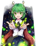  1girl ahoge antennae blue_pants cape carry_me eyebrows_visible_through_hair frilled_sleeves frills green_eyes green_hair light_particles long_sleeves makotono_(makotono_00) open_mouth outstretched_arms pants shirt smile solo star starry_background touhou white_shirt wriggle_nightbug 