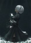  1girl black_dress black_gloves black_hairband black_legwear breasts closed_mouth commentary_request dress facing_away flower from_side gloves hairband highres holding holding_flower juliet_sleeves long_sleeves marumoru medium_breasts nier_(series) nier_automata puffy_sleeves short_hair silver_hair solo standing thighhighs white_flower yorha_no._2_type_b 