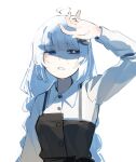  1girl absurdres ahoge arm_up black_dress blue_eyes breasts collared_shirt detached_ahoge dress half-closed_eyes highres hot kizuna_akari long_hair long_sleeves shading_eyes shirt simple_background small_breasts solo sweat upper_body uranosebi voiceroid white_background white_hair white_shirt 
