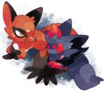  2019 ambiguous_gender canid canine claws cuddling detailed_background digital_media_(artwork) duo eyes_closed feral fur fur_tuft hair lying mammal multicolored_body multicolored_fur nickit nintendo open_mouth pok&eacute;mon pok&eacute;mon_(species) smile tuft video_games zoroa553 zorua 