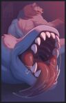  anthro artist_logo artist_name bear bodily_fluids colored forked_tongue fur green_eyes grey_body grey_fur hair hi_res logo looking_back male mammal mouth_shot open_mouth rear_view saliva saliva_on_tongue saliva_string sharp_teeth solo tail tail_mouth teeth text tongue unusual_anatomy unusual_tail zeanlain 