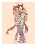  2girls air_shakur_(umamusume) animal_ear_piercing animal_ears aran_sweater arm_around_another's_waist bag baggy_pants blue_jacket blush border cable_knit closed_eyes contrast_lapels ear_ornament english_commentary eyebrow_piercing face_piercing fine_motion_(umamusume) grey_sweater hair_ornament hairclip high_heels highres horse_ears horse_girl horse_tail hug jacket junglespocket lapels long_hair multiple_girls pants piercing scarf shared_clothes shared_scarf shoes shoulder_bag smile striped_clothes striped_scarf sweater tail teeth umamusume vertical-striped_clothes vertical-striped_scarf white_border white_shoes yellow_background 
