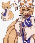  absurdres animal_ear_fluff animal_ears blonde_hair blue_tabard chibi commentary dress fox_ears fox_girl fox_tail frills gap_(touhou) gloves hair_between_eyes hat highres holding_another's_hat kitsune kyuubi long_sleeves medium_hair multiple_tails owatakun paper_doll parted_lips socks tabard tail touhou white_background white_dress white_gloves white_socks wide_sleeves yakumo_ran yakumo_yukari yellow_eyes 