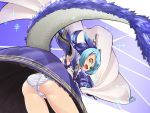  1girl :d ai_yori_akashi ass bent_over blue_dress blue_hair cameltoe commentary_request dragon_girl dragon_horns dragon_tail dragonmaid_laudry dress duel_monster fang from_behind highres horns long_sleeves looking_at_viewer looking_back maid multicolored_hair open_mouth panties short_twintails smile solo sparkle striped striped_panties tail thighs twintails two-tone_hair underwear yellow_eyes yuu-gi-ou 
