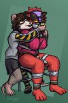  2022 3_toes 4_fingers 4_toes all_fours ankles_tied anthro arms_tied artist_name athletic athletic_anthro athletic_female bdsm blush bondage bottomless bottomwear bound breast_bondage breasts brown_eyes brown_hair chair chair_bondage clothed clothed_anthro clothed_female clothing crotch_rope dominant dominant_anthro dominant_female duo emmetalbenny eyebrows eyelashes eyewear eyewear_on_head feet female fingers footwear fully_bound fully_clothed fully_clothed_anthro fully_clothed_female fur furniture gag gagged generation_7_pokemon glasses green_eyes hair hands_behind_back hi_res holding_object holding_rope immobilization incineroar legs_tied legwear long_socks looking_at_another looking_at_partner looking_back looking_back_at_another looking_back_at_partner mammal medium_breasts muffled murid murine nintendo on_chair open_mouth pink_nose pokemon pokemon_(species) rat rat_tail red_body red_fur red_hair restraints rodent rope rope_bondage rope_harness sex_toy shirt simple_background sitting sitting_on_chair skirt smile smiling_at_another smiling_at_partner sniffing sniffing_clothes sock_sniffing socks standing story story_in_description striped_body stripes submissive submissive_anthro submissive_female t-shirt tail tape tape_bondage tape_gag teeth text thick_thighs toes topwear underwear underwear_on_head vibrator vibrator_on_pussy wand_vibrator wearing_glasses yellow_sclera 