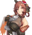  1girl animal_ears arm_under_breasts bare_shoulders braid braided_hair_rings breasts brown_hair commentary dress ear_covers gentildonna_(regina_dei_fiori)_(umamusume) gentildonna_(umamusume) gloves hair_rings heart_ear_ornament horse_ears horse_girl large_breasts long_hair looking_at_viewer qdx4p red_eyes sidelocks simple_background solo umamusume upper_body white_background white_gloves 