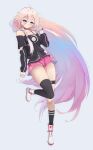  1girl absurdres ahoge asymmetrical_legwear black_shirt black_socks black_thighhighs blonde_hair blue_eyes boots braid closed_mouth commentary full_body gradient_hair grey_background highres ia_(vocaloid) iliketequila kneehighs long_hair looking_at_viewer miniskirt multicolored_hair off-shoulder_shirt off_shoulder pink_hair pink_skirt pleated_skirt shirt simple_background single_kneehigh single_sock single_thighhigh skirt smile socks solo standing standing_on_one_leg thigh_strap thighhighs thighs twin_braids uneven_legwear very_long_hair vocaloid white_boots 