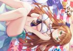  bikini blush brown_hair drink girls_frontline green_eyes hyonee long_hair navel springfield_(girls_frontline) swimsuit towel 