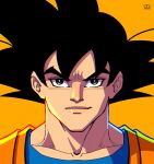  1boy artist_logo artist_name black_eyes black_hair blue_shirt close-up closed_mouth commentary cropped_shoulders dougi dragon_ball dragon_ball_z english_commentary hair_over_face headshot highres logo looking_at_viewer male_focus muscular muscular_male orange_background orange_dougi portrait raynerahman saiyan shirt simple_background smirk solo son_goku spiked_hair straight-on undershirt 