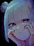  1girl black_background blood blood_on_face blunt_bangs commentary_request emilia_(re:zero) flower grey_hair hair_flower hair_in_own_mouth hair_ornament hair_ribbon hands_on_own_cheeks hands_on_own_face loose_hair_strand miffy201011 parted_lips portrait purple_eyes purple_ribbon re:zero_kara_hajimeru_isekai_seikatsu redrawn ribbon short_hair simple_background solo straight_hair x_hair_ornament 