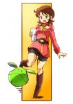  1girl :o ahoge bike_shorts bike_shorts_under_dress bike_shorts_under_skirt black_shorts boots brown_boots brown_eyes brown_hair collared_jacket commentary_request dress earth_federation first_aid_kit fraw_bow full_body gundam haro highres holding holding_first_aid_kit jacket knee_boots long_sleeves looking_at_another medium_hair mobile_suit_gundam open_mouth pink_dress pink_jacket short_dress shorts standing standing_on_one_leg surprised taiga_hiroyuki tongue 