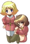  2girls belt belt_buckle black_belt blonde_hair blue_eyes boots brown_hair buckle collared_dress commentary_request dress earth_federation fraw_bow green_boots gundam hands_on_own_hips knee_boots long_sleeves lowres military_uniform mobile_suit_gundam multiple_girls pantyhose pink_dress sayla_mass short_dress simple_background smile suzusaka_haru white_background white_pantyhose 