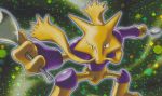  abstract_background alakazam creature facial_hair feet_out_of_frame fukuda_masakazu gen_1_pokemon mustache no_humans official_art outline pokemon pokemon_(creature) pokemon_trading_card_game solo third-party_source white_outline 