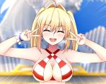  1girl ahoge bangs bare_shoulders bead_bracelet beads bikini blonde_hair blue_sky blurry blurry_background blush bracelet breasts cleavage closed_eyes collarbone criss-cross_halter double_v earrings emotional_engine_-_full_drive fate/grand_order fate_(series) hair_intakes halterneck hands_up highres jewelry large_breasts long_hair nero_claudius_(fate)_(all) nero_claudius_(swimsuit_caster)_(fate) open_mouth parody red_bikini s1145 sky smile solo sparkle striped striped_bikini swimsuit twintails v 