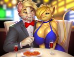  2020 alcohol anthro beverage big_breasts black_tie_(suit) blonde_hair blue_clothing blue_dress blue_eyes bow_tie breasts cleavage clothed clothing couple_(disambiguation) curvy_figure date detailed_background digital_media_(artwork) dress duo eyelashes felid feline female food fur furniture hair hi_res huge_breasts kristy_winters_(lildredre) lion long_hair male male/female mammal pak009 pantherine pasta restaurant romantic_ambiance romantic_couple sabertooth_(disambiguation) sitting smile spaghetti suit table voluptuous wine 