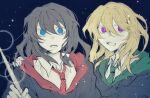  2girls alternate_costume alternate_eye_color black_coat black_hair blonde_hair blue_eyes bow coat collared_shirt commentary dated_commentary green_necktie hair_between_eyes hair_bow hand_on_another's_shoulder highres holding holding_wand long_hair maribel_hearn missing_headwear multiple_girls necktie night oriharareimu purple_eyes red_necktie shirt star_(sky) striped_clothes striped_necktie touhou usami_renko wand white_bow white_shirt 